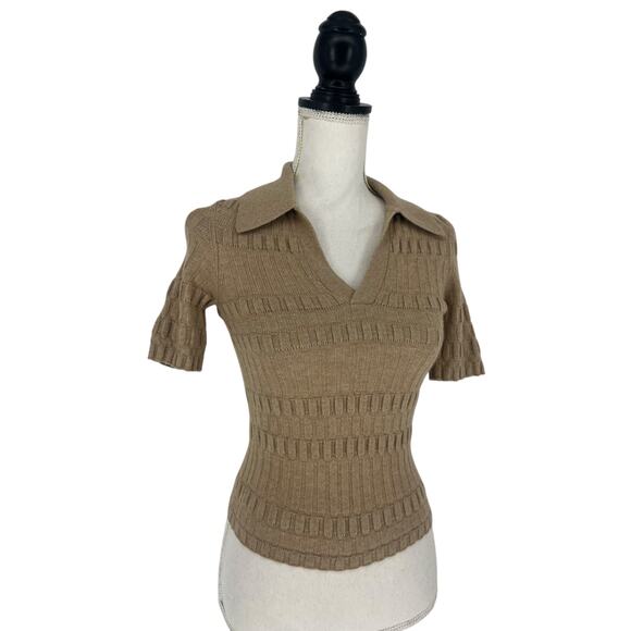 Paige Dune Collared Merino Wool Polo Shirt in Camel - Picture 7 of 11